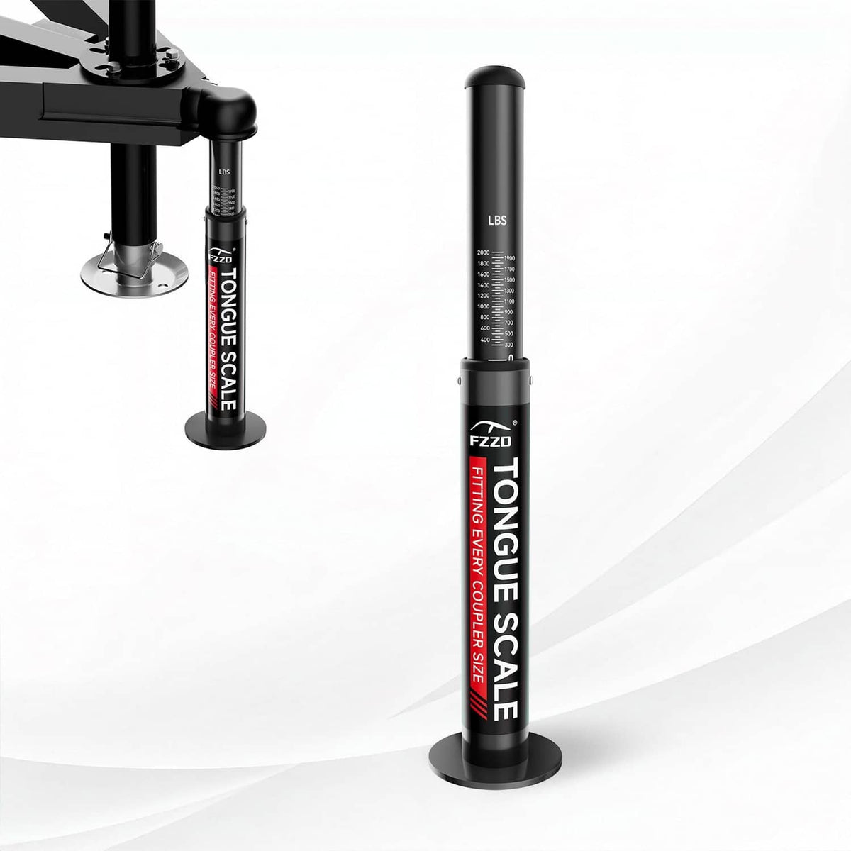 Black trailer tongue weight scale with vertical LBS measurement tube and base