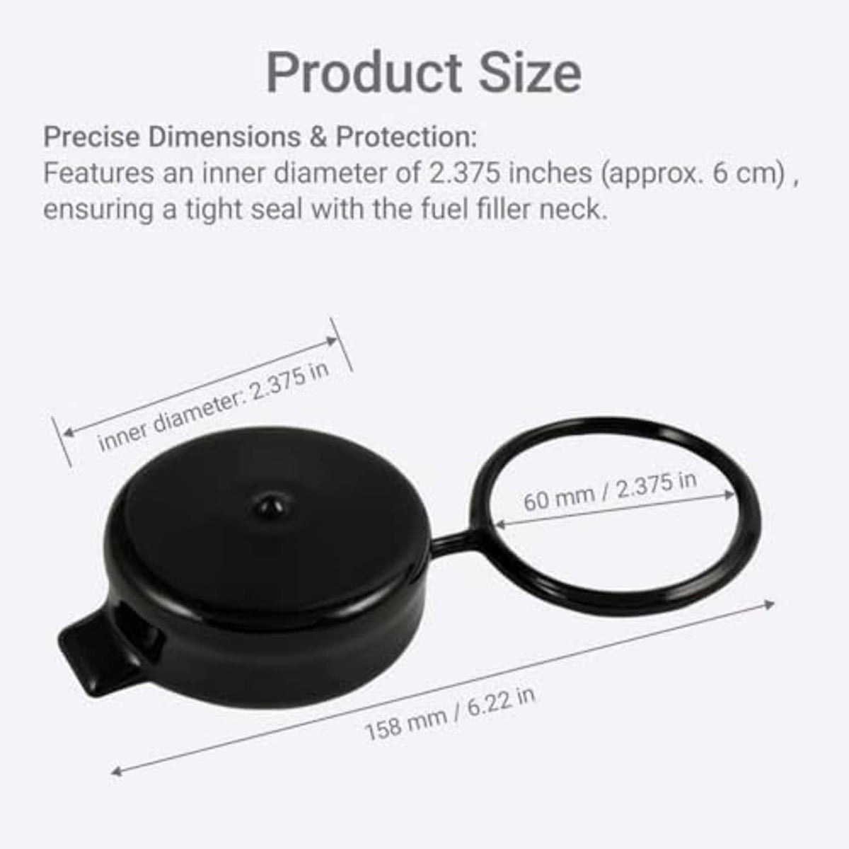 Black gas cap cover with tether loop, 2.375 in inner opening shown with measurements