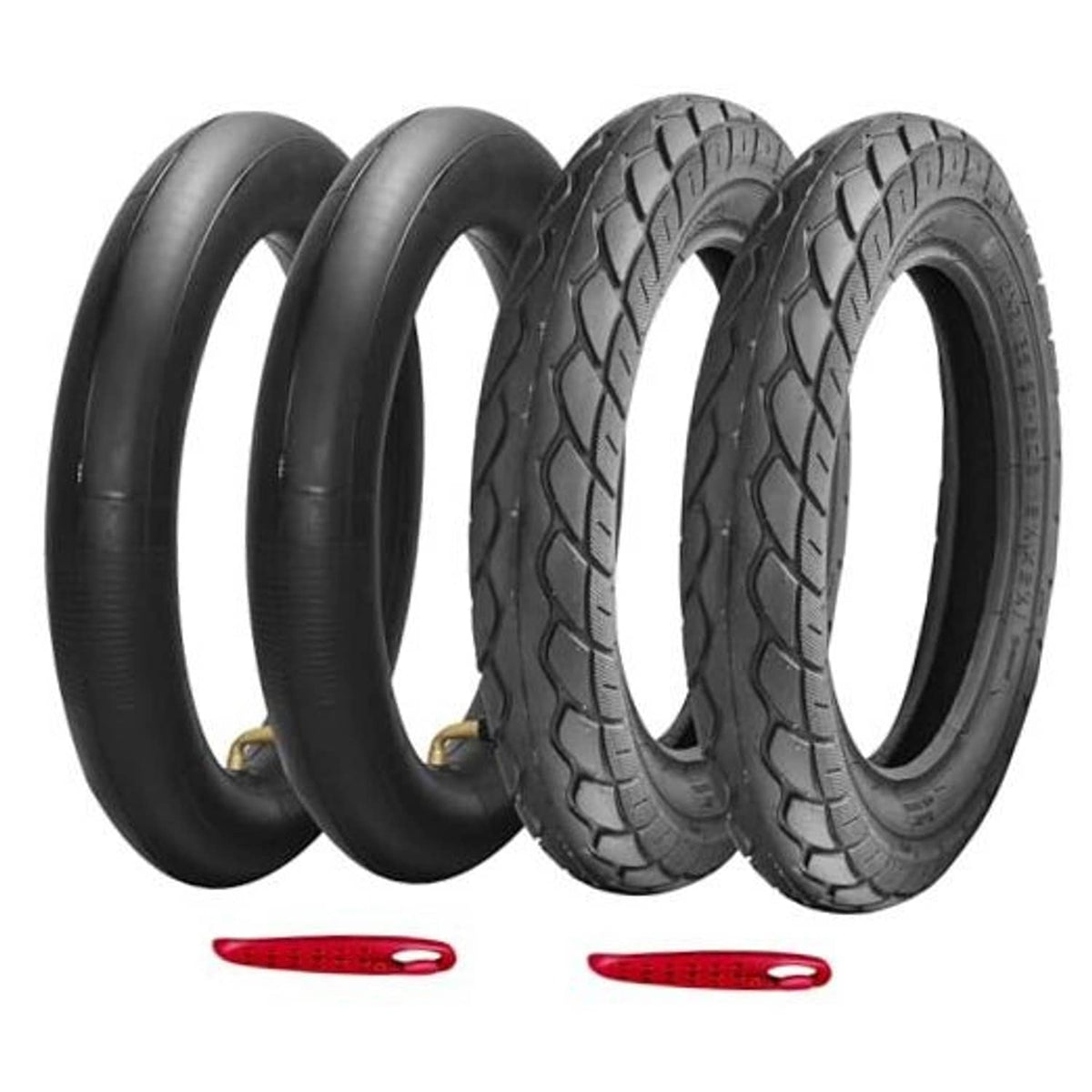 Pair of black e-bike tires with tread and two black inner tubes