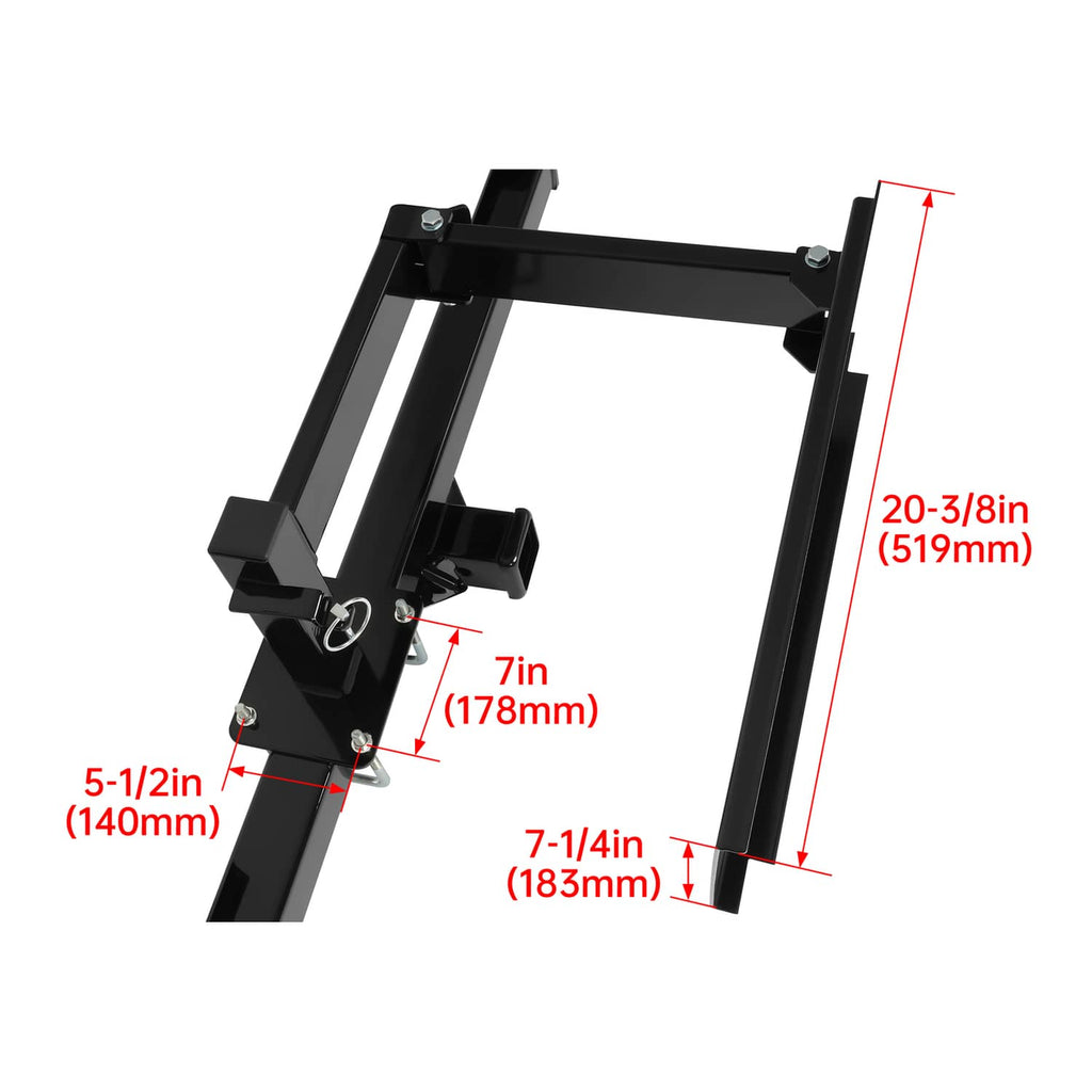 Black bumper-mounted swing arm assembly shown with size dimension markings