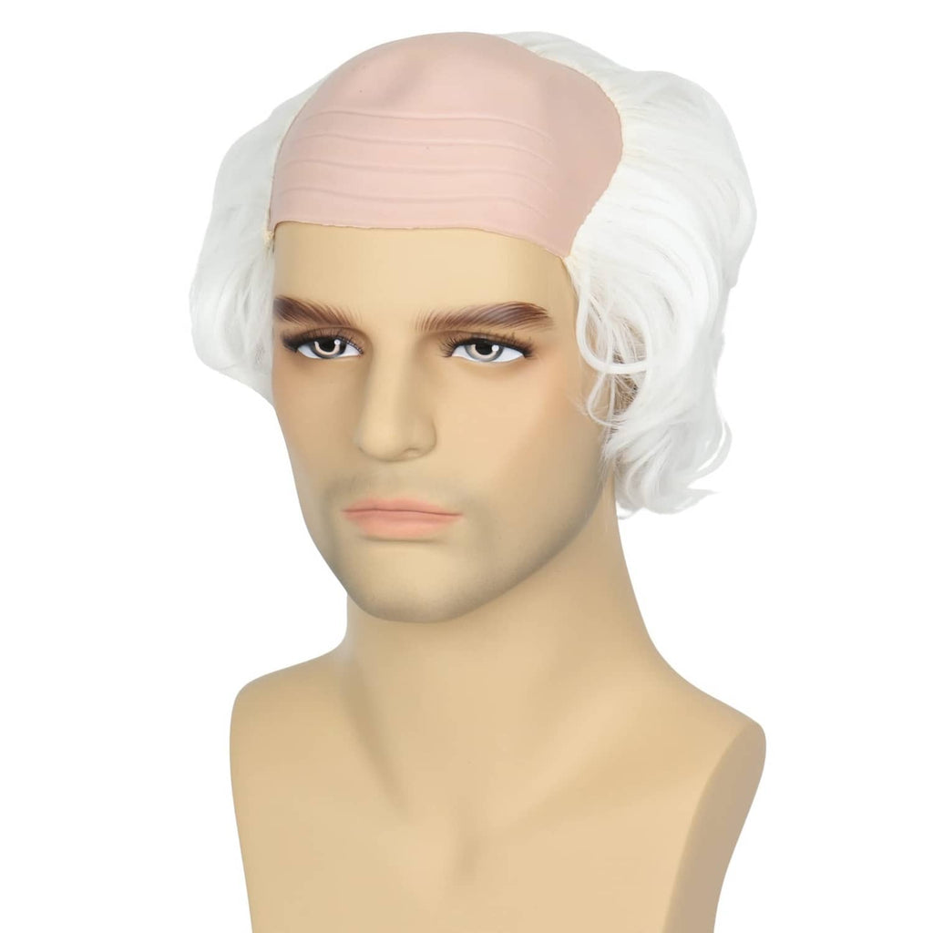 Old man style wig with white wavy side hair and light flesh-toned bald cap, front