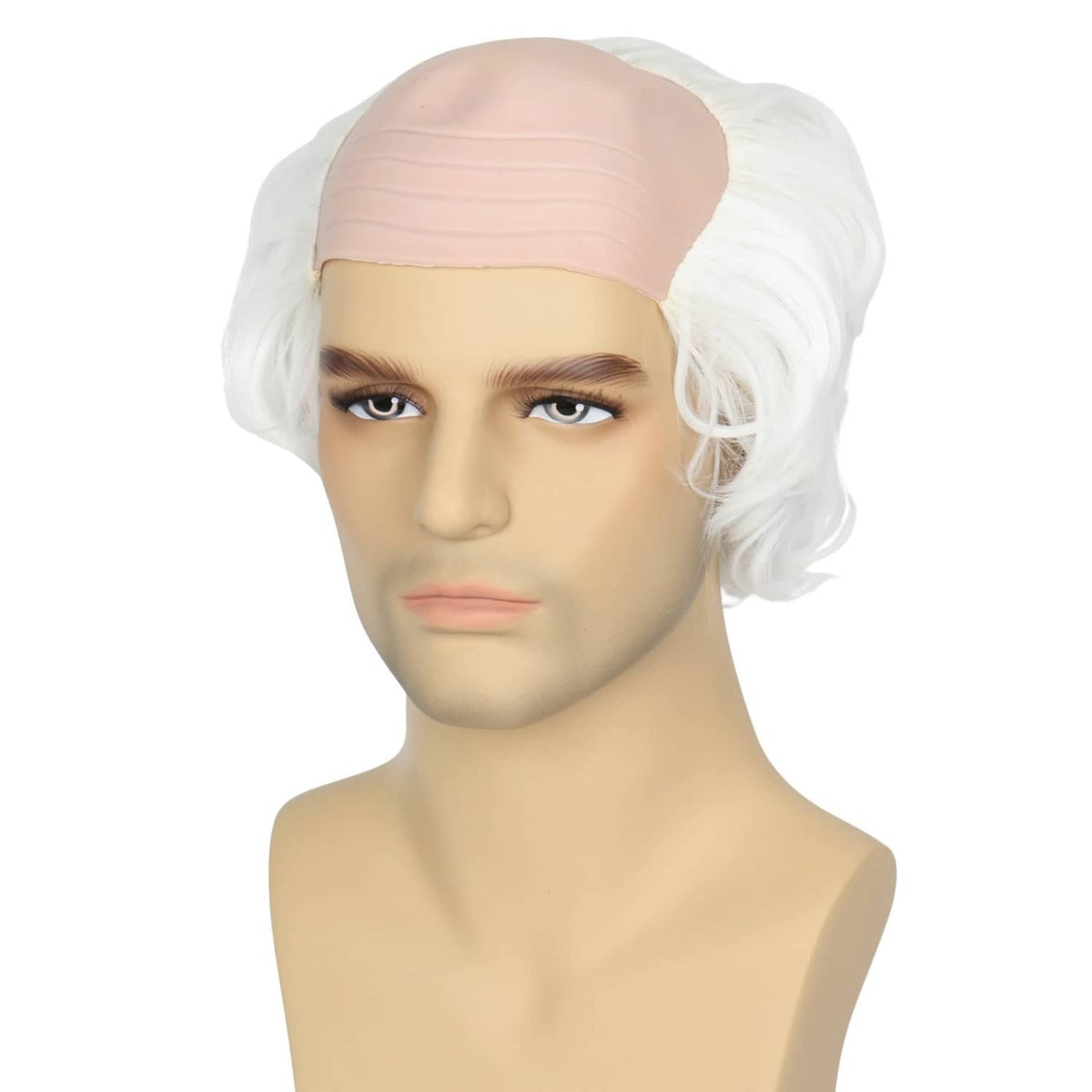 Old man style wig with white wavy side hair and light flesh-toned bald cap, front