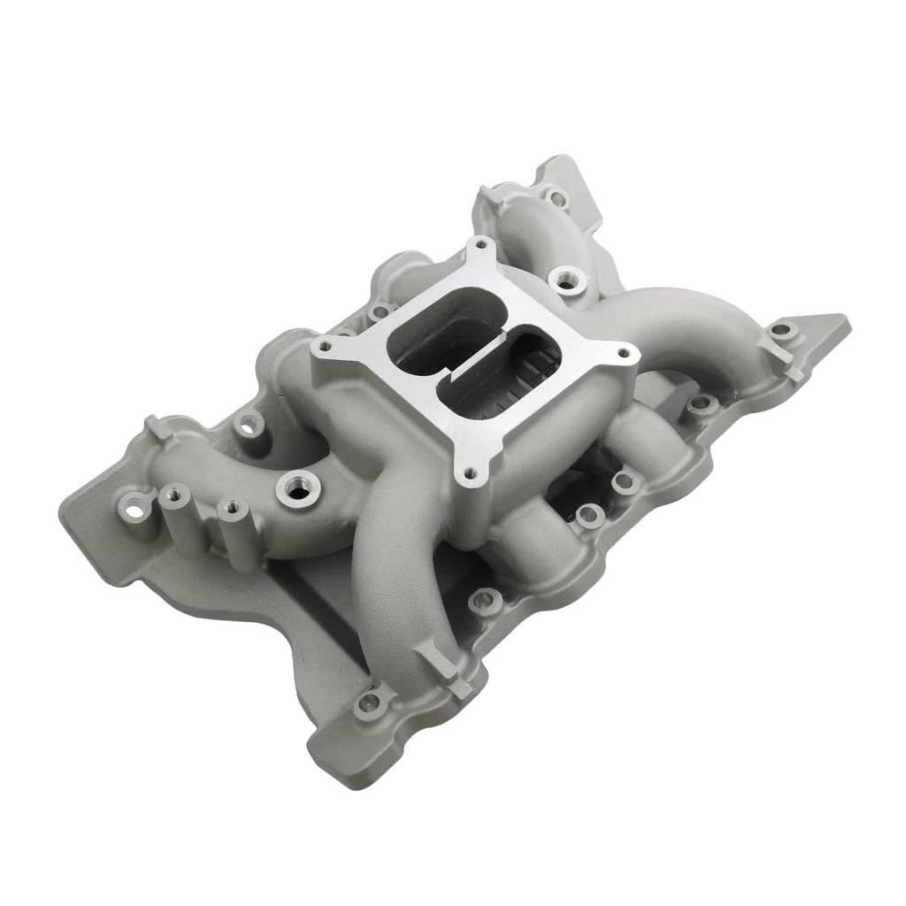Grey intake manifold with two black air ports and visible runner channels