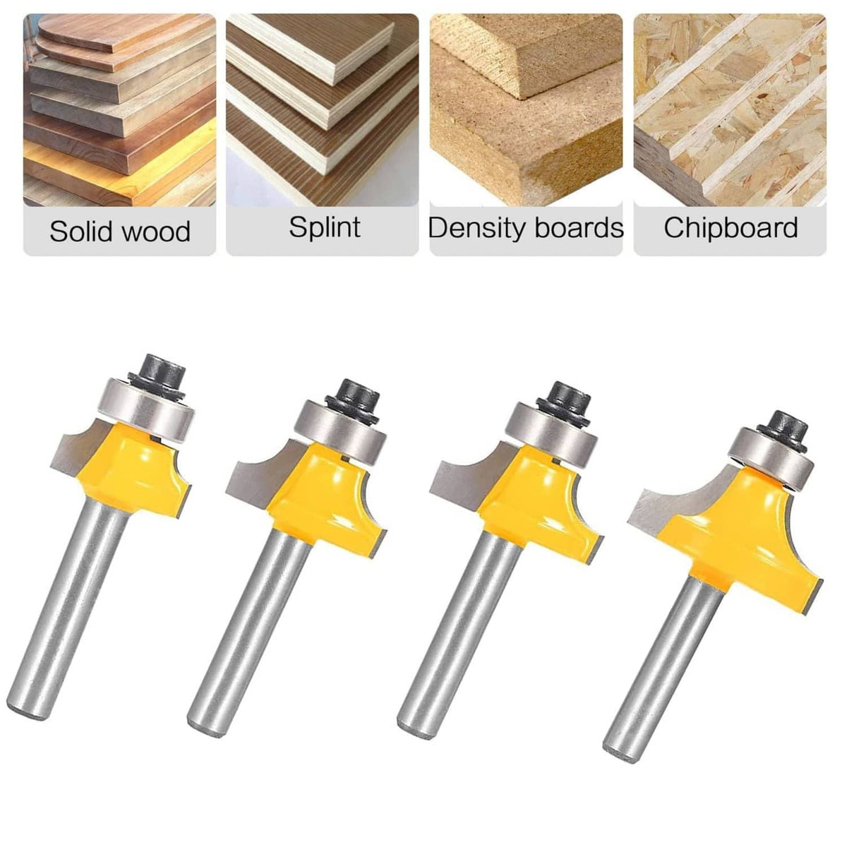 Carbide roundover router bits with yellow cutters and metal shanks, guide bearings included