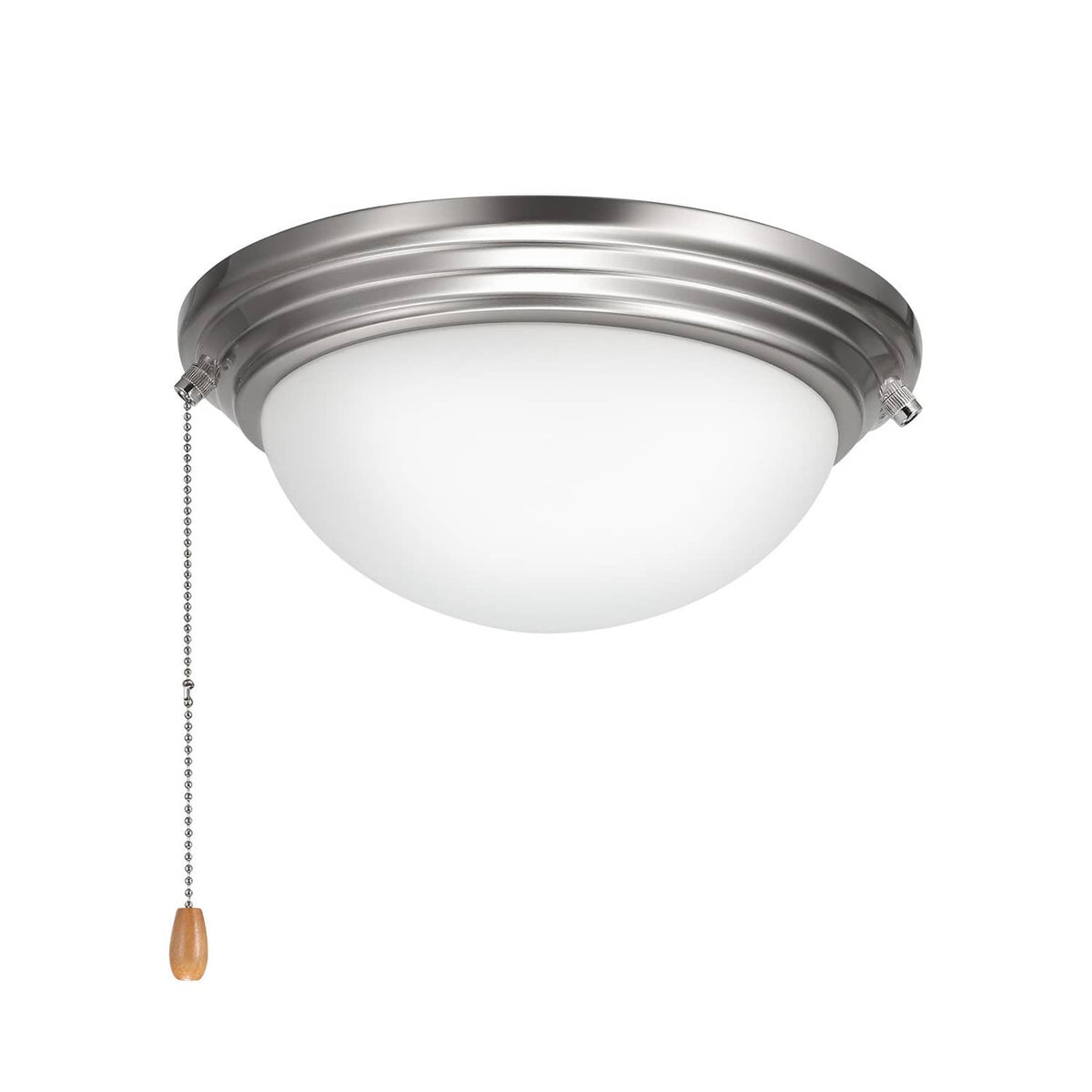 Silver flush-mount ceiling light with frosted glass globe and pull cord