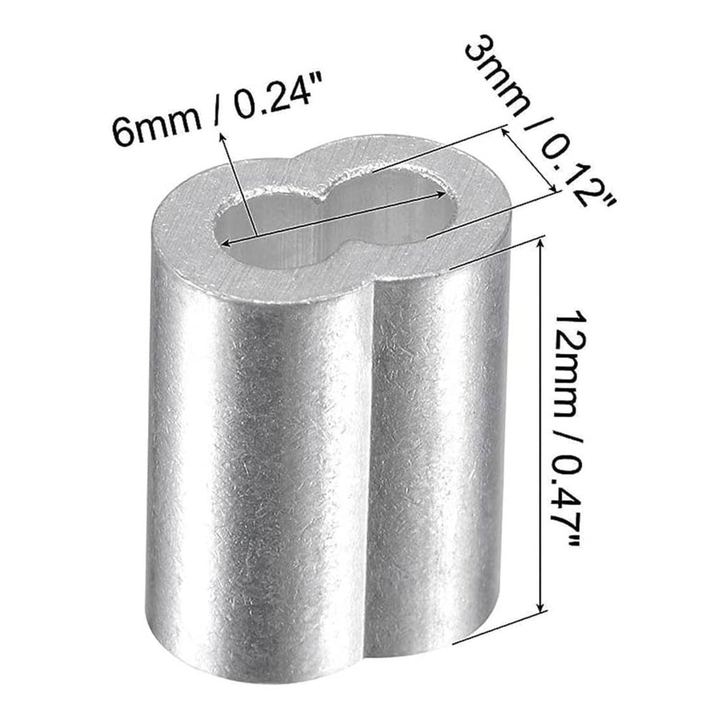 Aluminum crimp loop ferrule sleeve with size diagram, silver