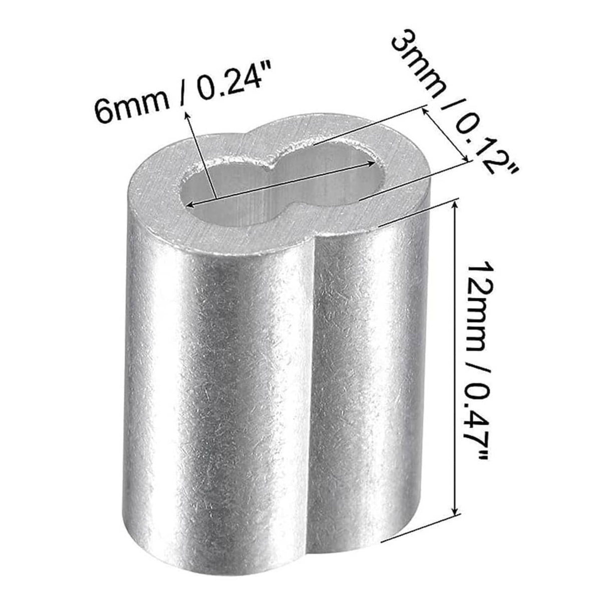 Aluminum crimp loop ferrule sleeve with size diagram, silver