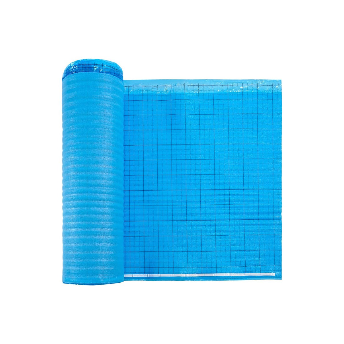 Blue floor underlayment roll and flat sheet corner, grid pattern visible