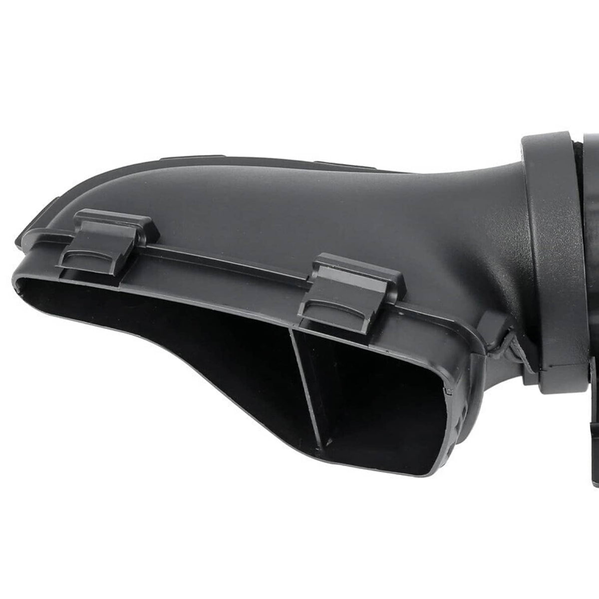 Black air intake hose end cap with latch clips and intake opening