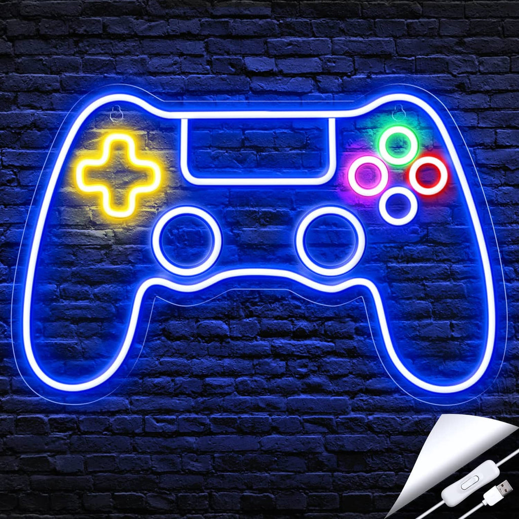 Game controller LED neon sign with blue, yellow, and green glowing outline.