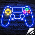 Game controller LED neon sign with blue, yellow, and green glowing outline.