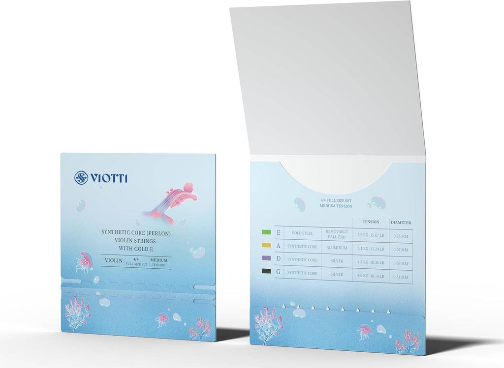 VIOTTI violin string set boxes shown from front and side on white background