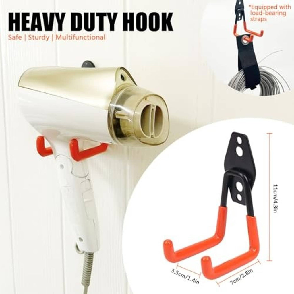 Orange and black steel garage storage hook with mounting plate for wall installation