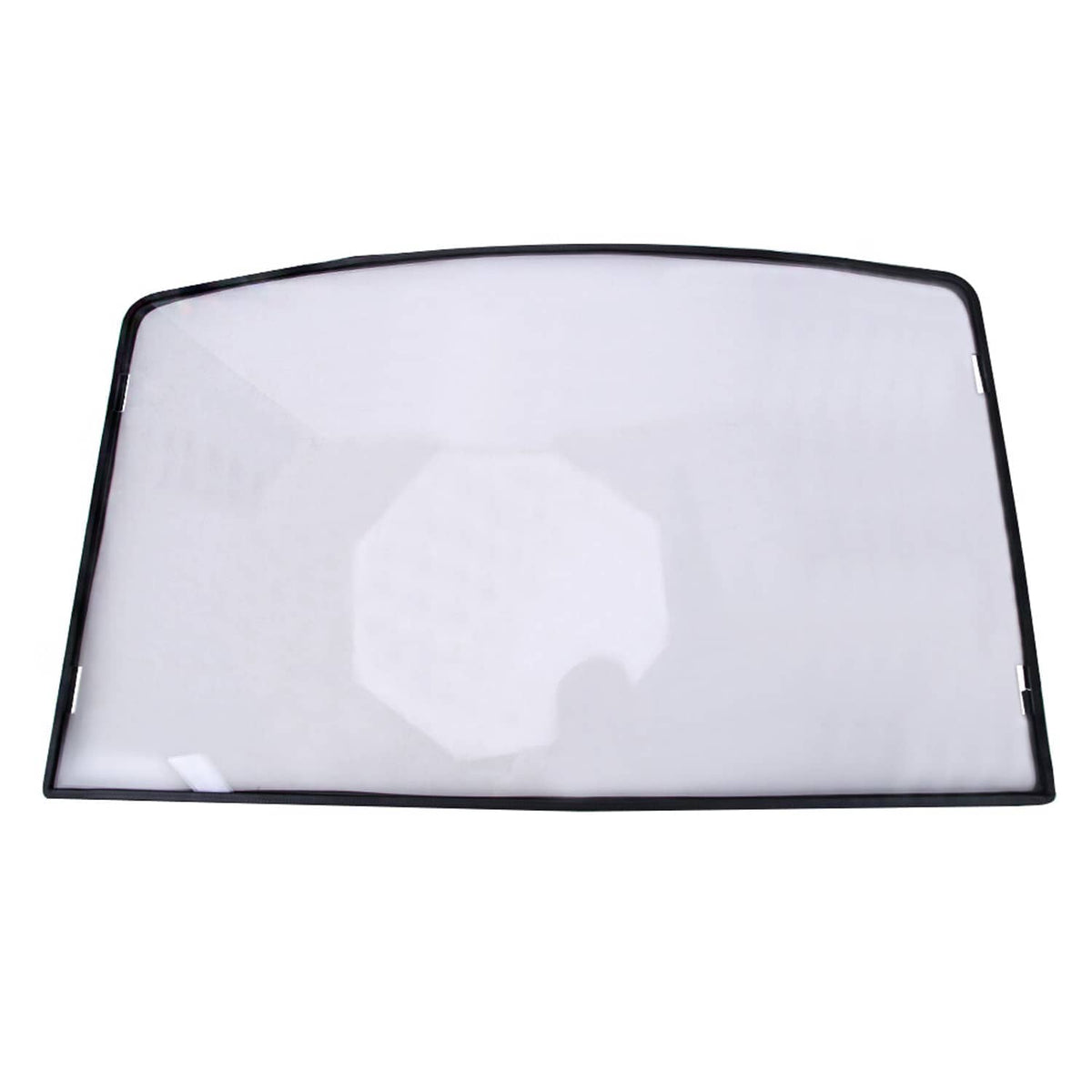Close-up clear UTV front windshield panel with black edge frame