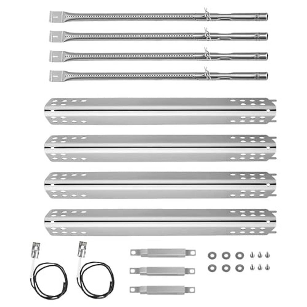 Stainless steel burner replacement kit: perforated heat plates, tubes, wire, and screws.