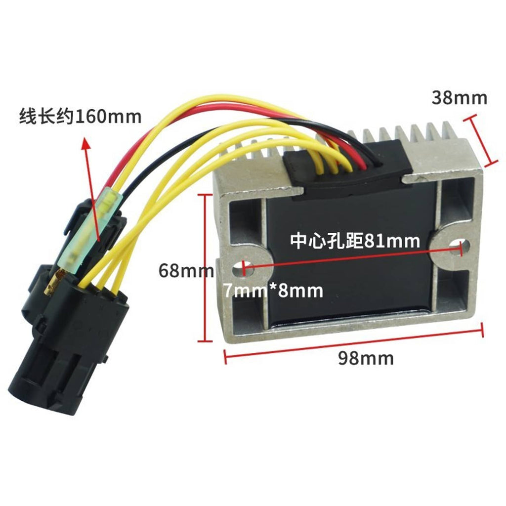 Voltage regulator module with black housing, silver heatsink, and multicolor wire harness