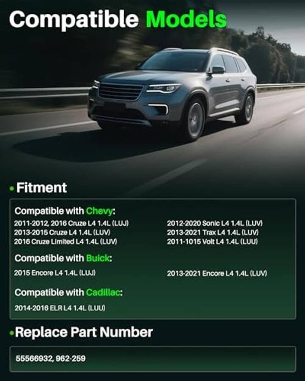 Car promotional graphic with compatibility list for camshaft position sensor.