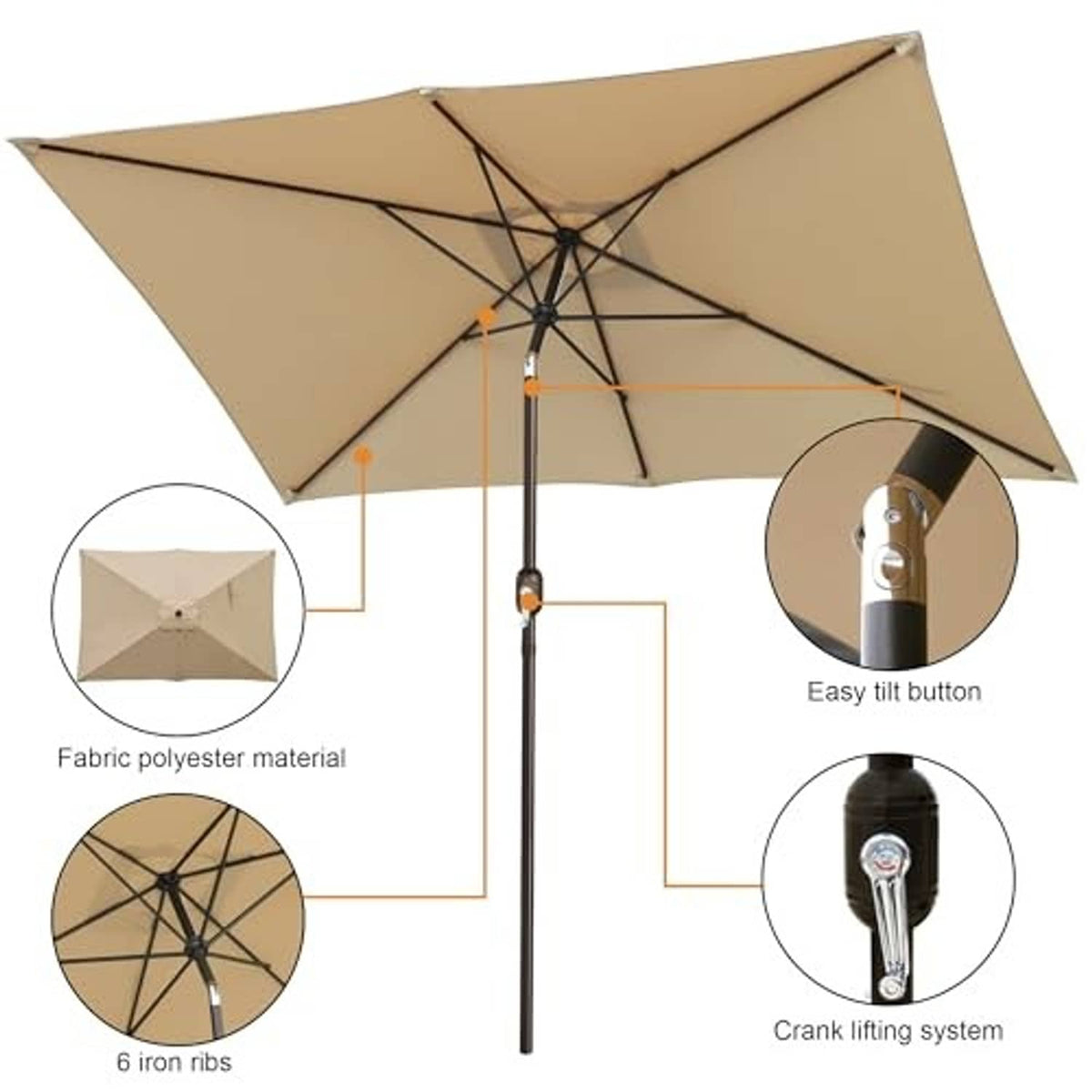 Tan rectangular patio umbrella with crank lift system on black center pole
