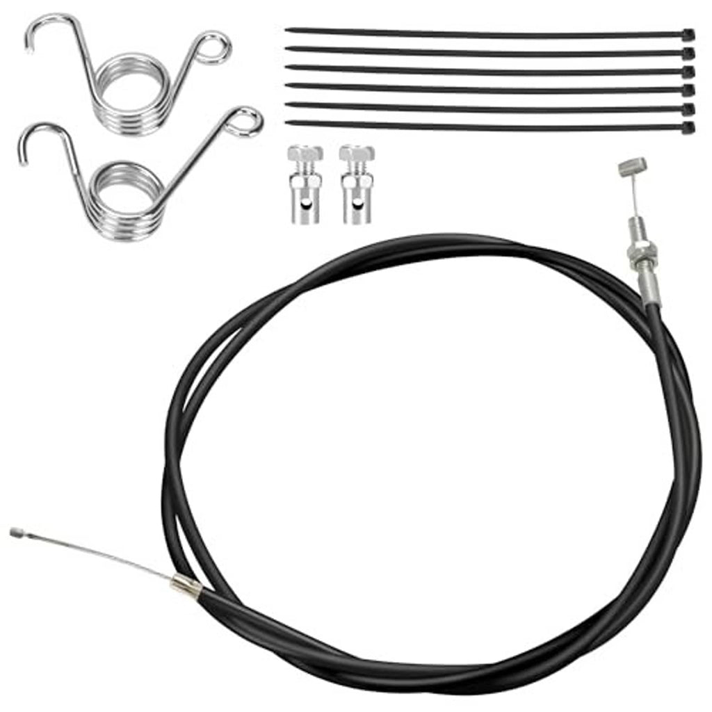 Universal throttle cable kit with black cable, multiple housings, and silver adjuster end