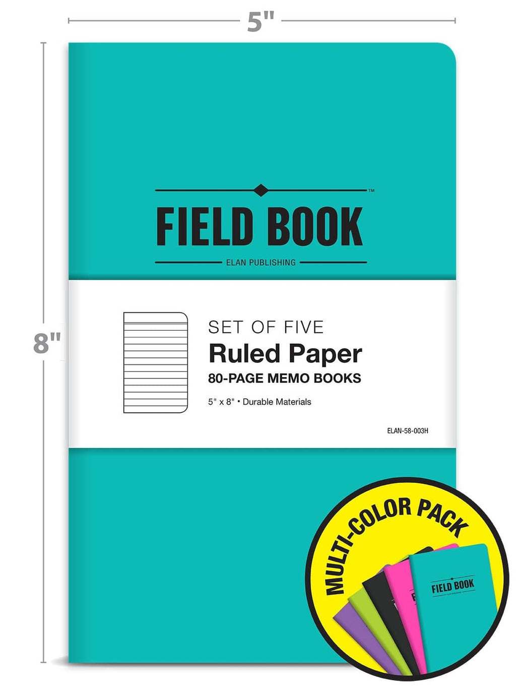 Teal 5x8 ruled paper notebook with Field Book logo and set-of-five sleeve