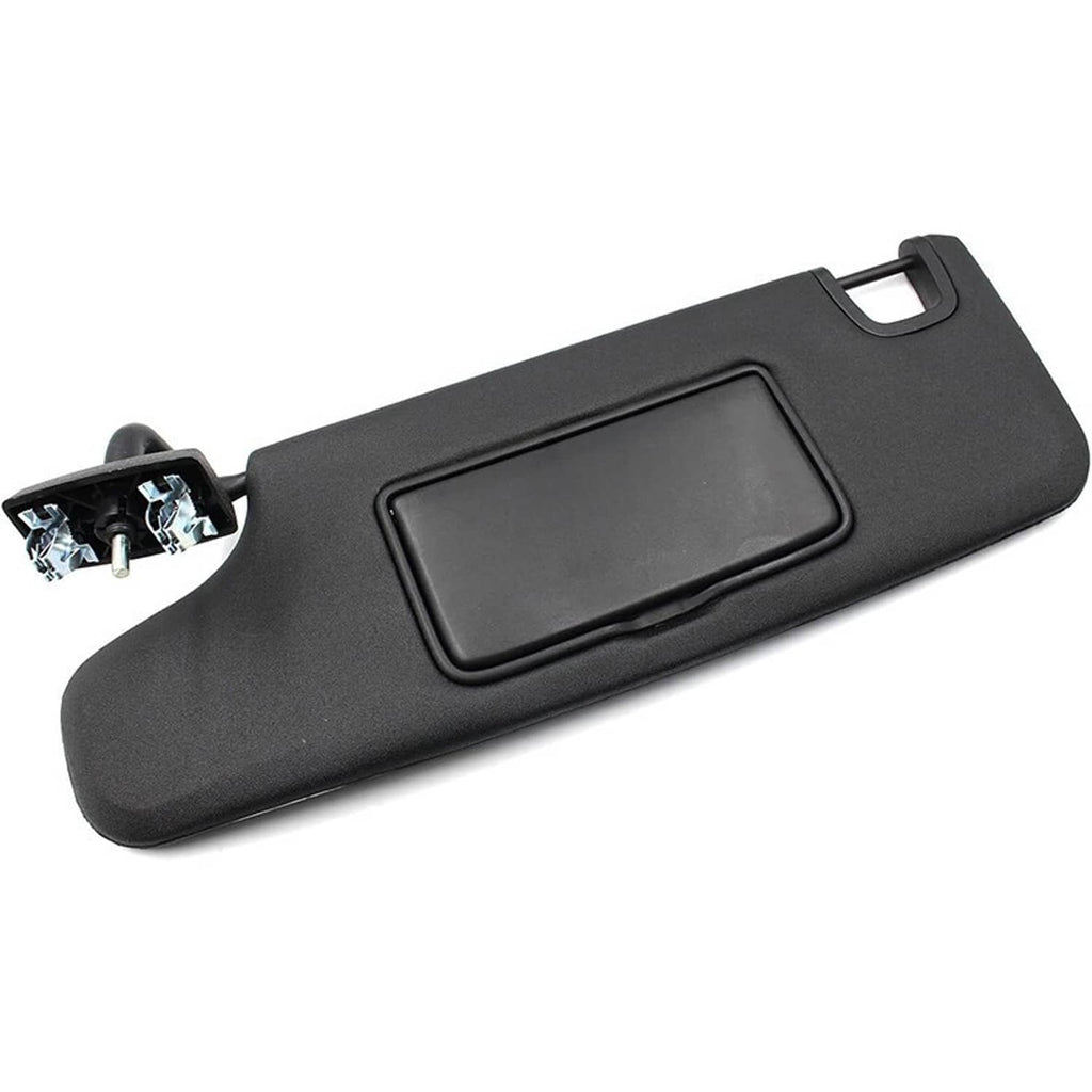 Black driver-side sun visor with rectangular mirror window and molded surface