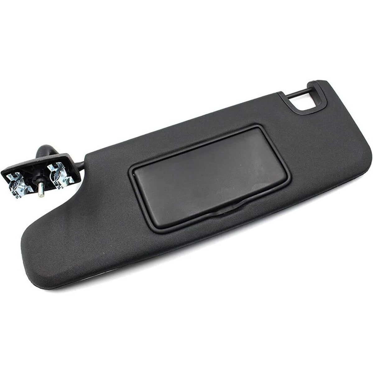 Black driver-side sun visor with rectangular mirror window and molded surface