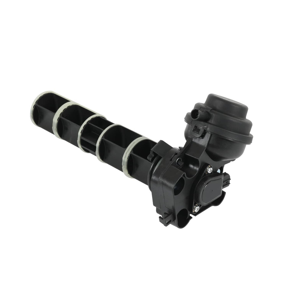 Intake manifold rotary valve assembly angle view with black housing and mounting screws