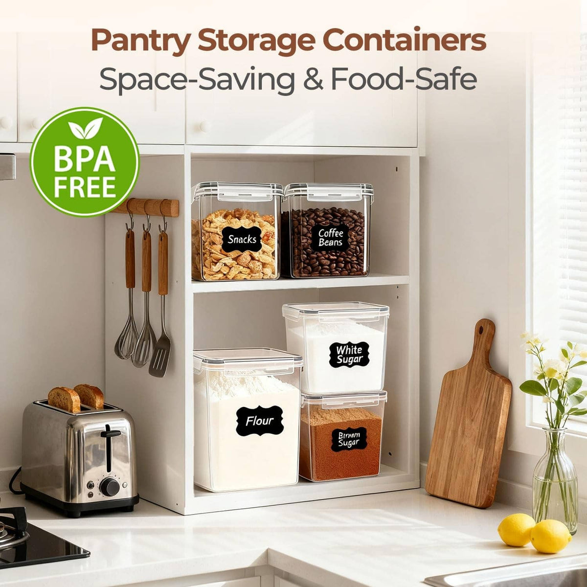Pantry storage canisters: clear square airtight containers with lids and food labels