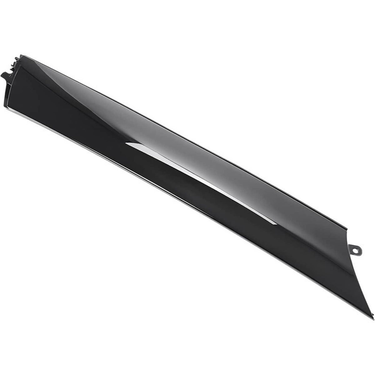 Windshield pillar trim molding, black side piece with mounting holes and angled end