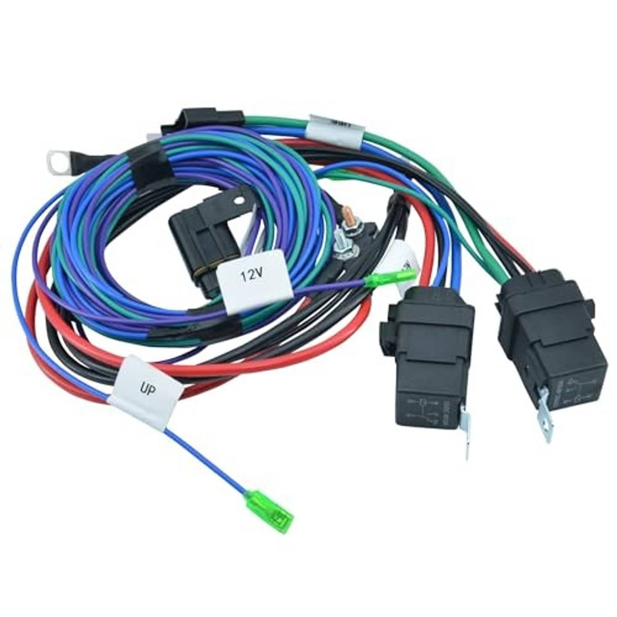 Wiring cable harness kit with 12V label, multicolor wires, and black electrical plug connectors