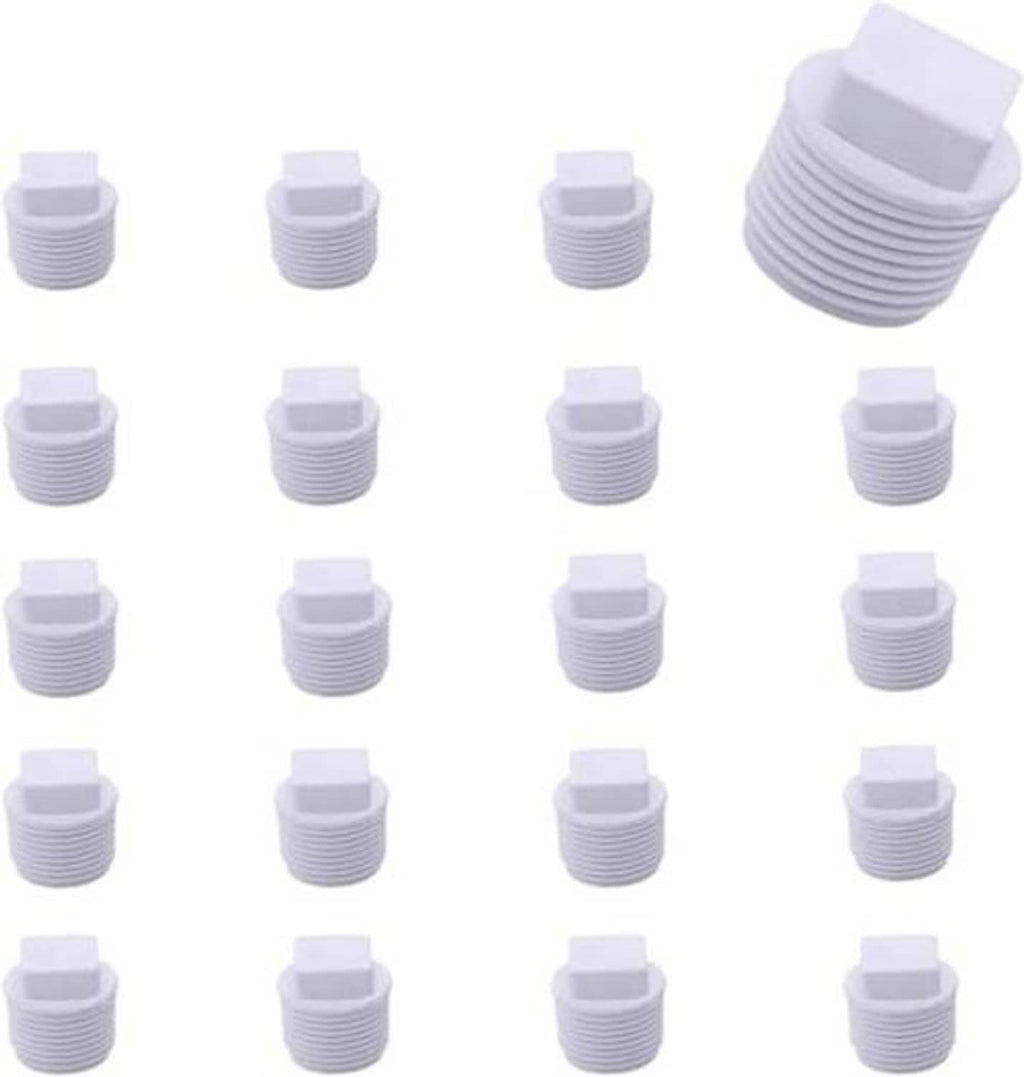 PVC male threaded pipe end caps, white, 1/2 inch, multiple caps arranged