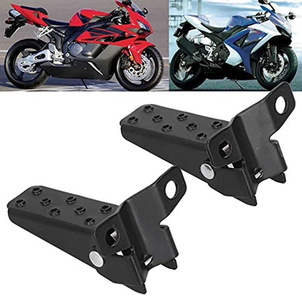 Universal motorcycle foot pegs with black textured top pads and bracket mounts