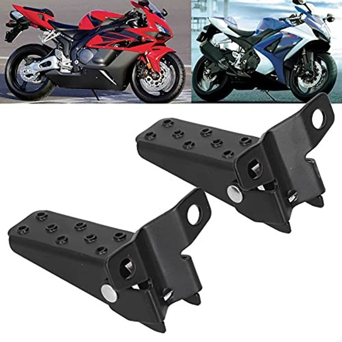 Universal motorcycle foot pegs with black textured top pads and bracket mounts