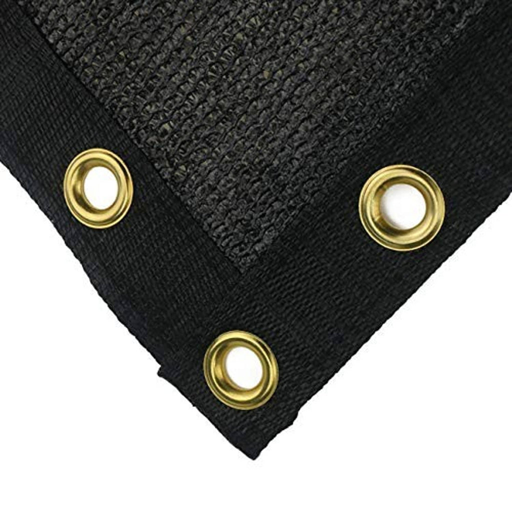 Black privacy screen fabric corner with three brass grommets