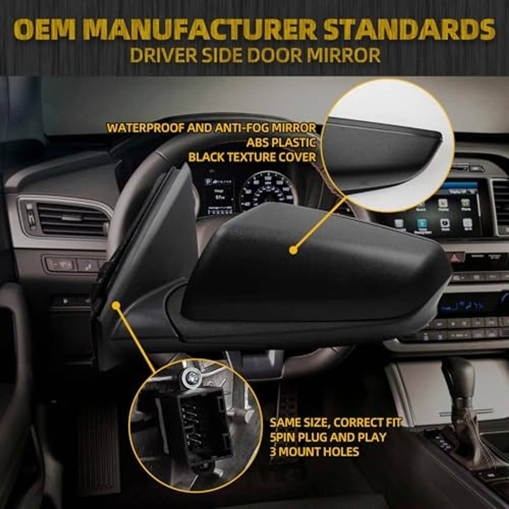 Black textured driver side mirror with waterproof anti-fog cover, 5-pin plug