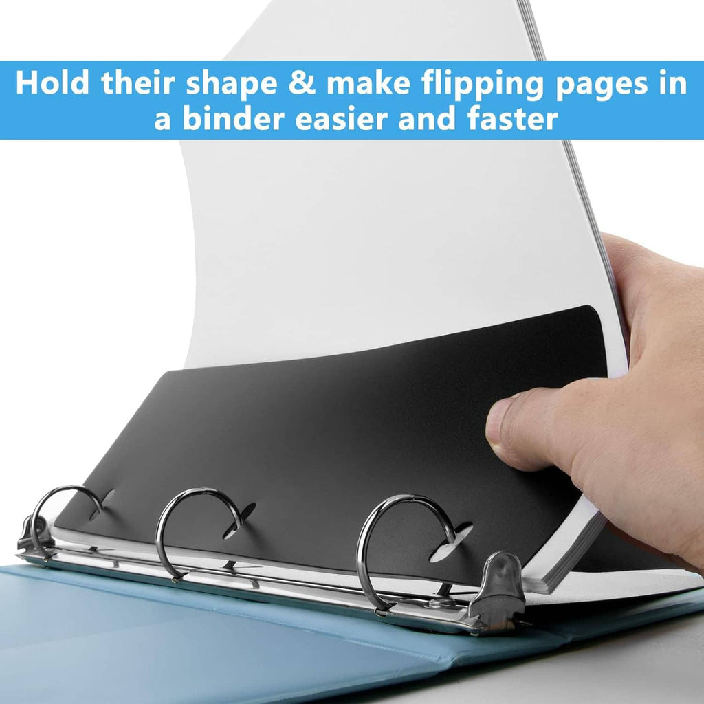 Black plastic binder plate with metal rings, held open by a hand