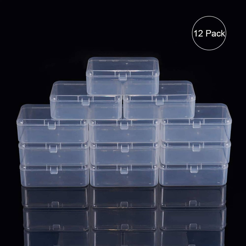 12-pack clear plastic bead storage organizers stacked, each with four compartments