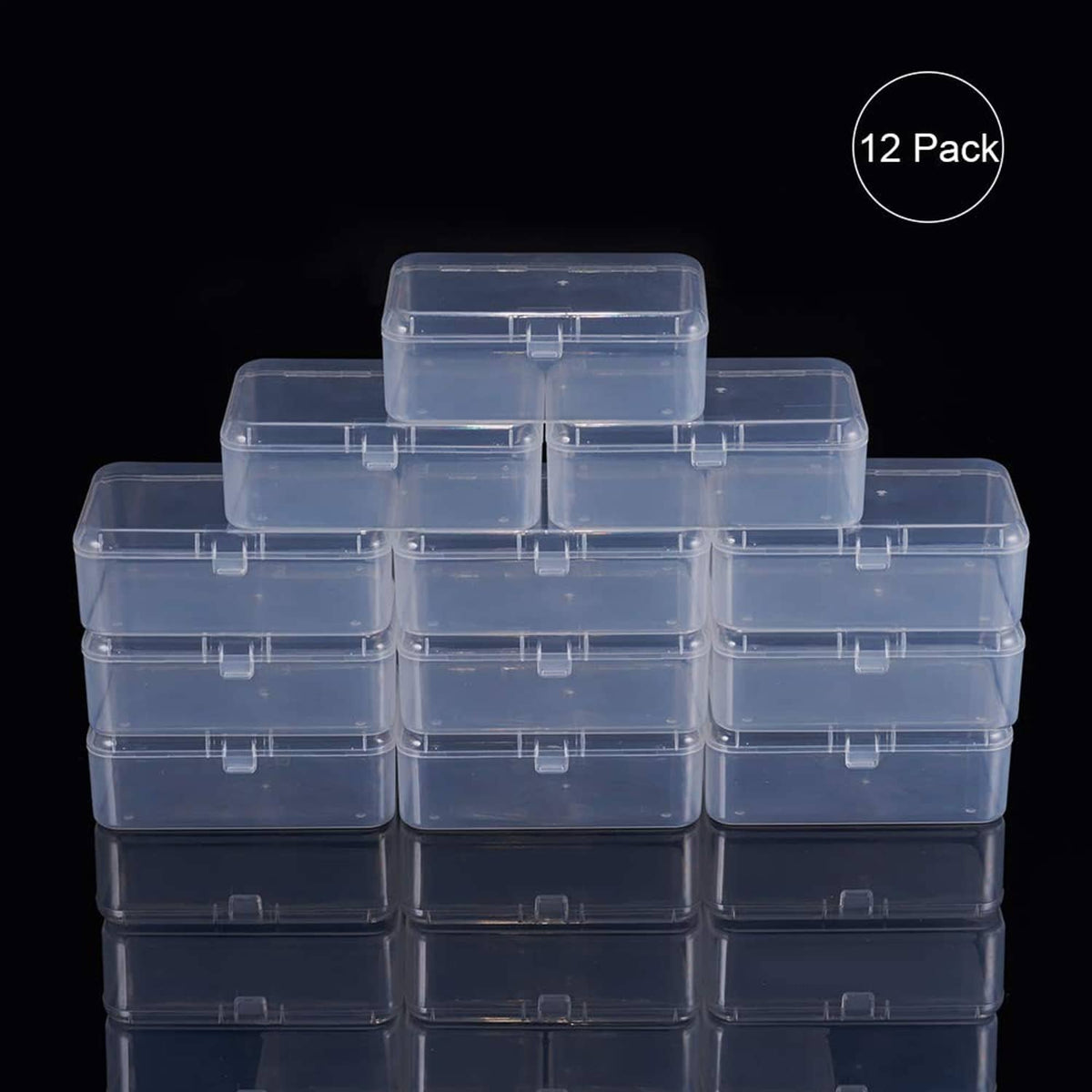 12-pack clear plastic bead storage organizers stacked, each with four compartments