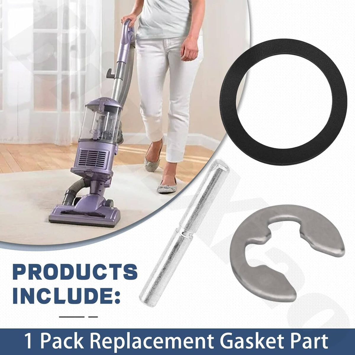 Vacuum replacement gasket part bundle: black seal ring, gray metal insert, and clear rod