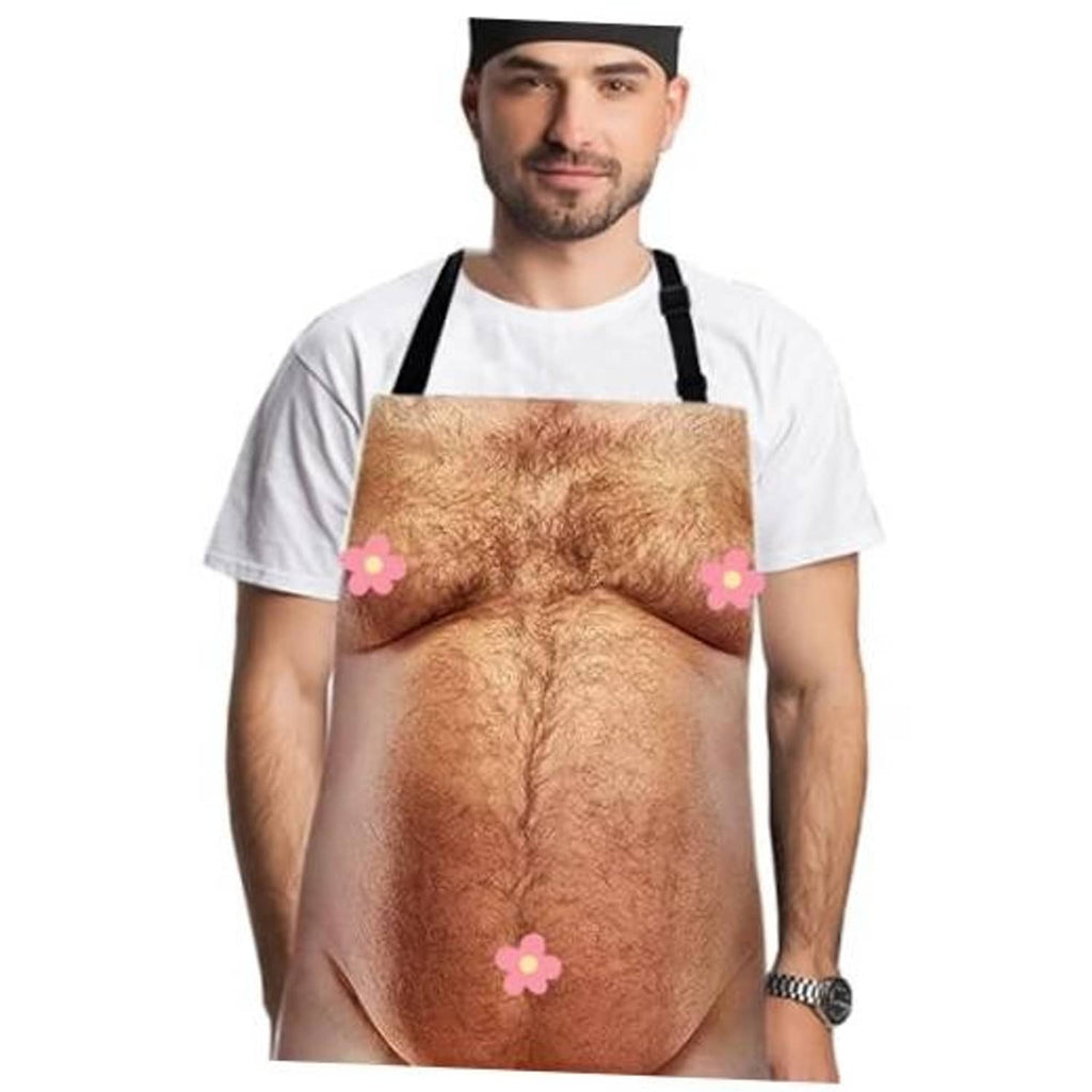 Brown novelty belly apron with black neck straps and pink flower accents
