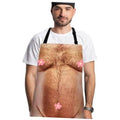 Brown novelty belly apron with black neck straps and pink flower accents
