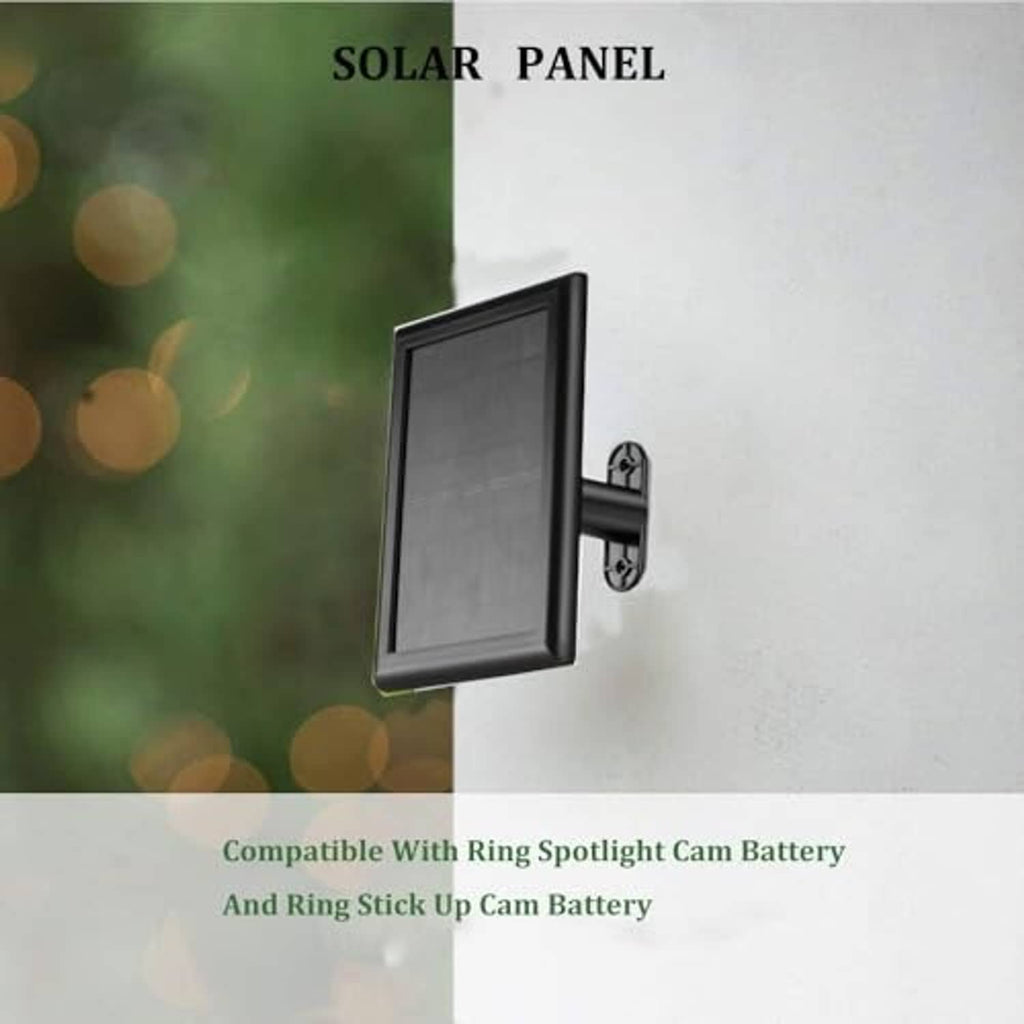 Wall-mounted black solar panel with bracket for ring spotlight and ring stick up device