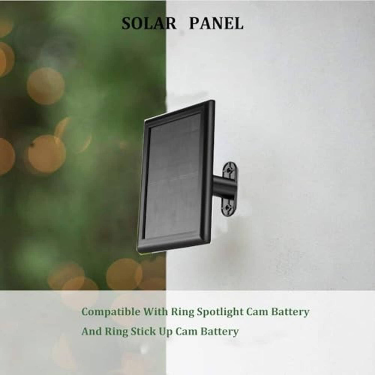 Wall-mounted black solar panel with bracket for ring spotlight and ring stick up device