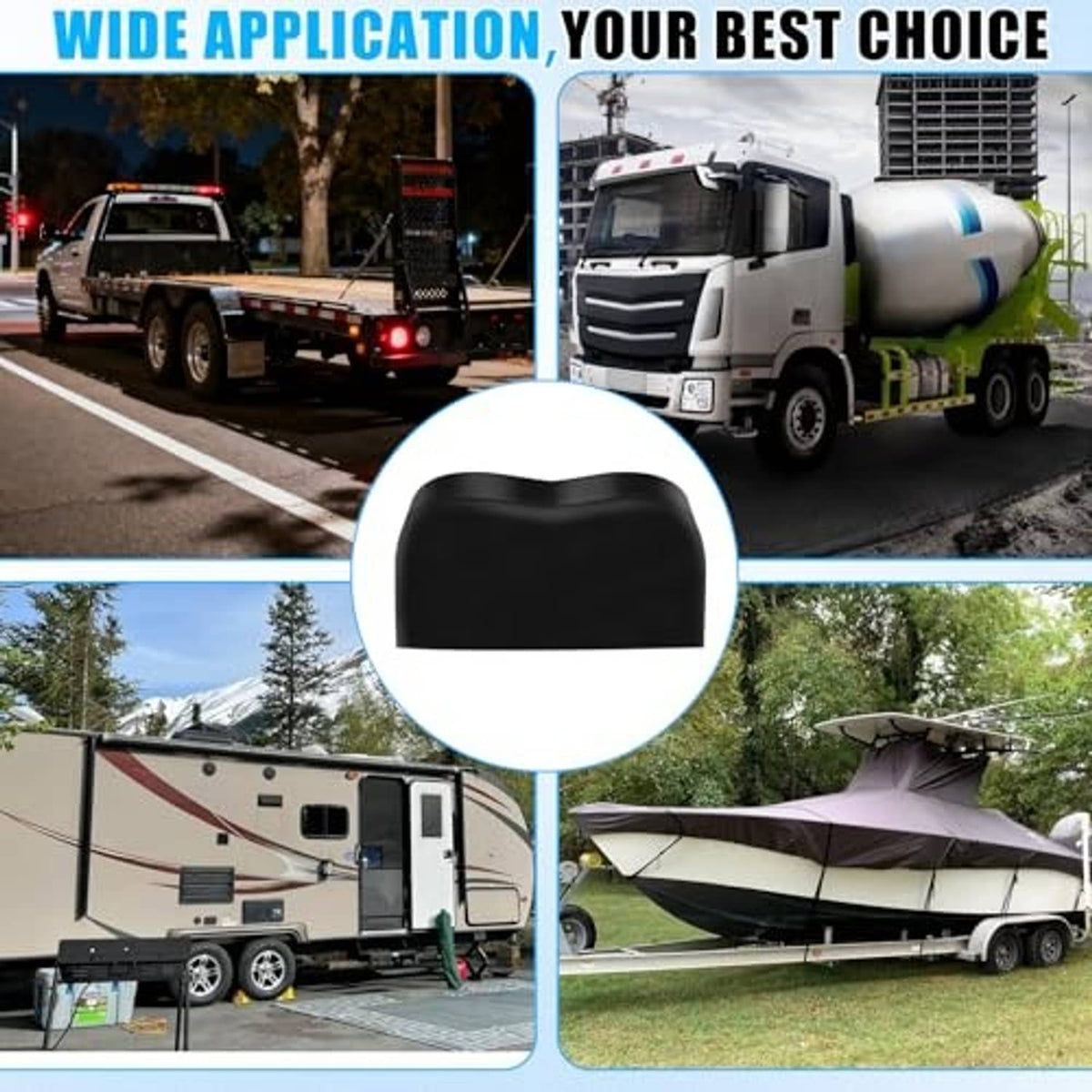 Black tire cover shown on multiple RV and trailer vehicles