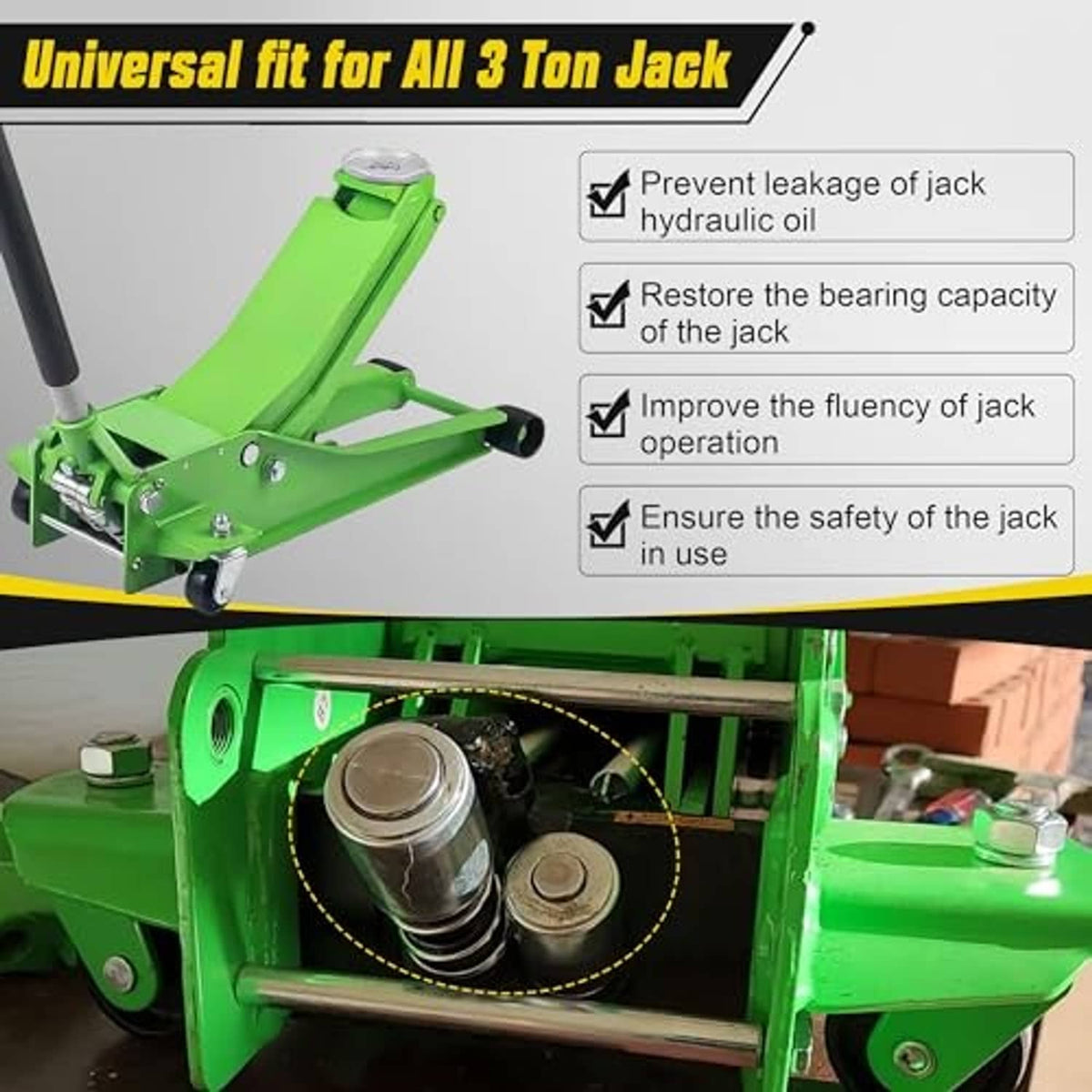 Green hydraulic floor jack with piston plunger repair kit installed on pump housing
