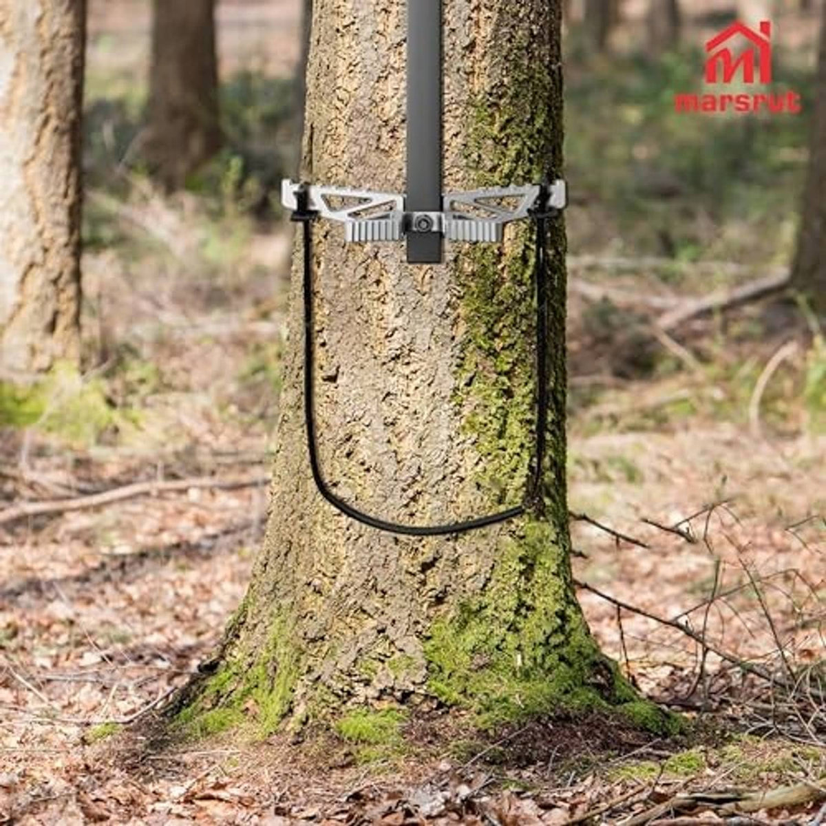 Black rope single-step ladder aide fastened around a tree with a metal clamp