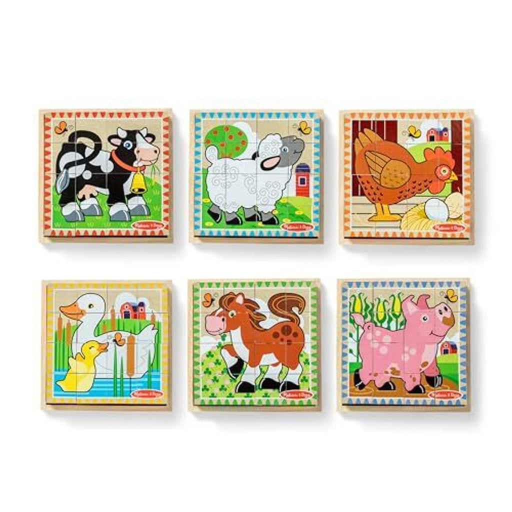 Set of 6 farm-themed wooden cube puzzles with colorful animal pictures in frames