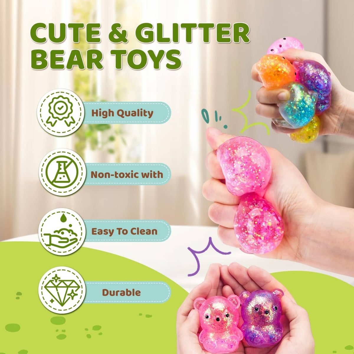 Pair of glitter bear squeeze toys, pink and purple in hands