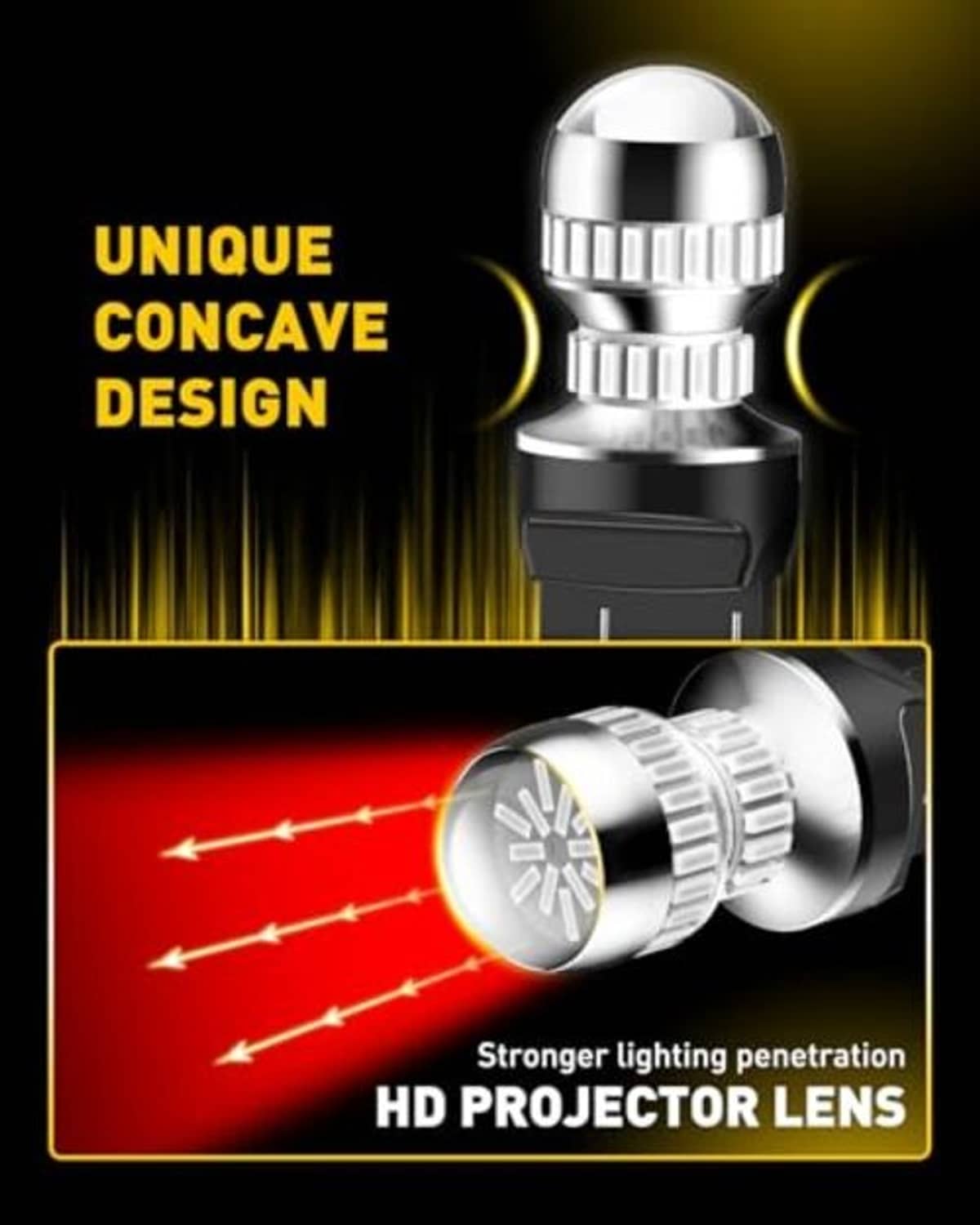 Chrome LED strobe brake light bulb with concave lens design and black base