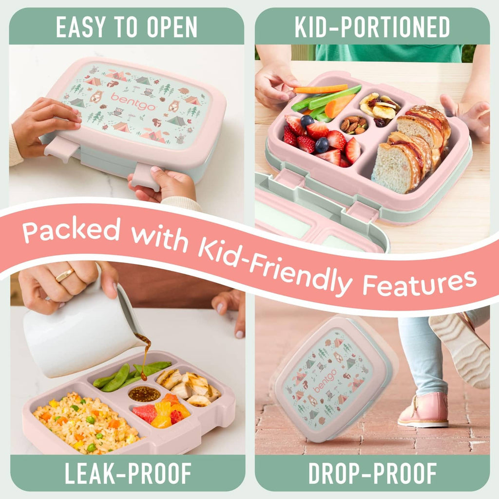 Bentgo kids leak-proof lunch box shown open with kid portions and snack compartments